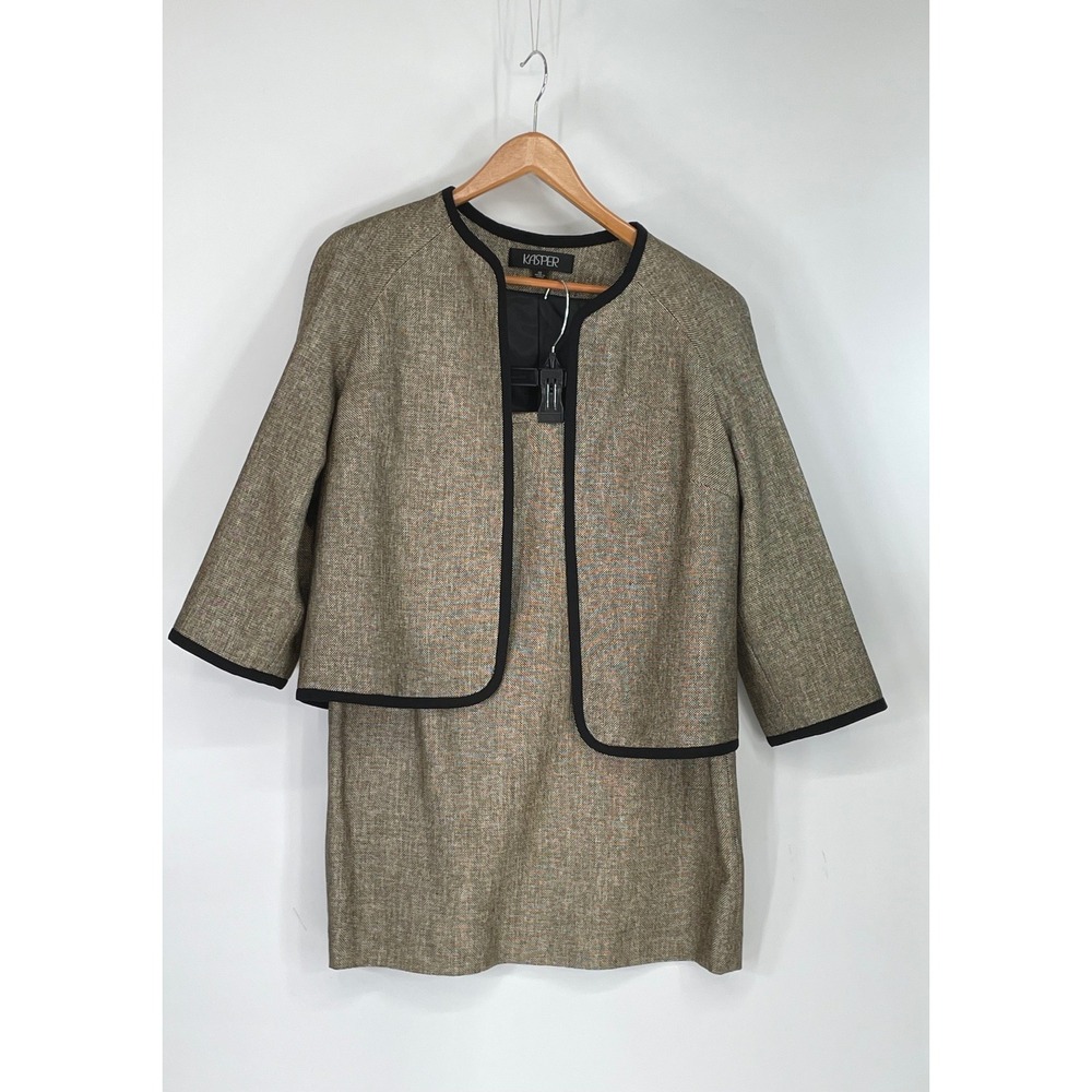 Kasper Womens Skirt Suit 10 2pc Brown Tweed Piping Career Professional Chic